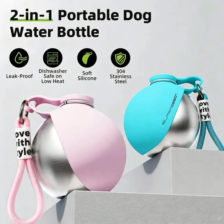 Pink and blue portable dog water bottles floating in water