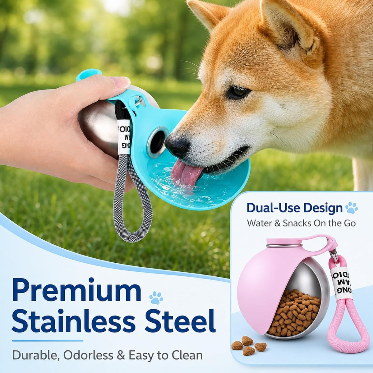 2-in-1 Portable Dog Water Bottle with Stainless Steel Bowl