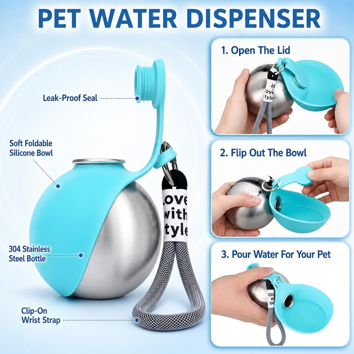 2-in-1 Portable Dog Water Bottle with Stainless Steel Bowl